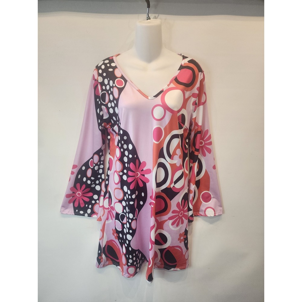 Women's Dress Pink Floral Bell Sleeve Mod Retro 70s Style Large - Picture 2 of 8